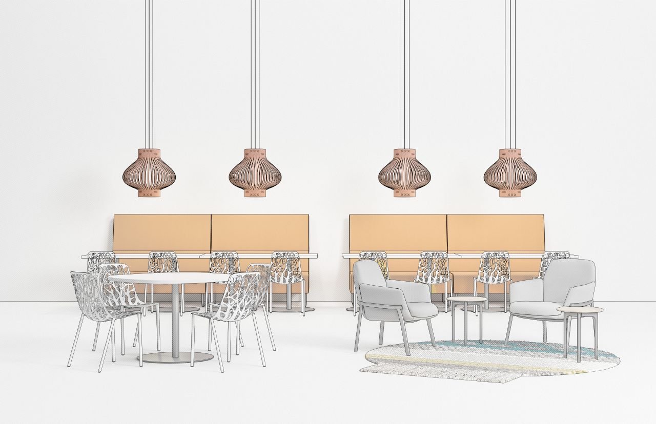 Haworth Cafe Idea Starter with round table and chairs next to divider with lights hanging from ceiling 