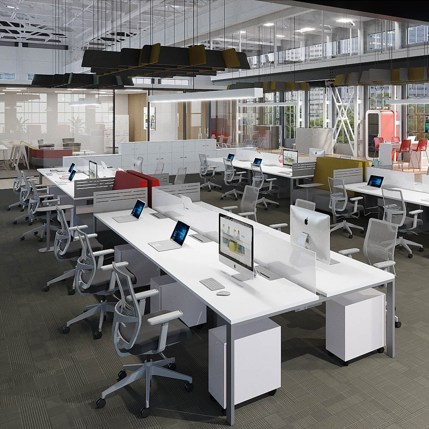 Haworth EZ Workspace partial divider in open office seating with glass windows and chairs