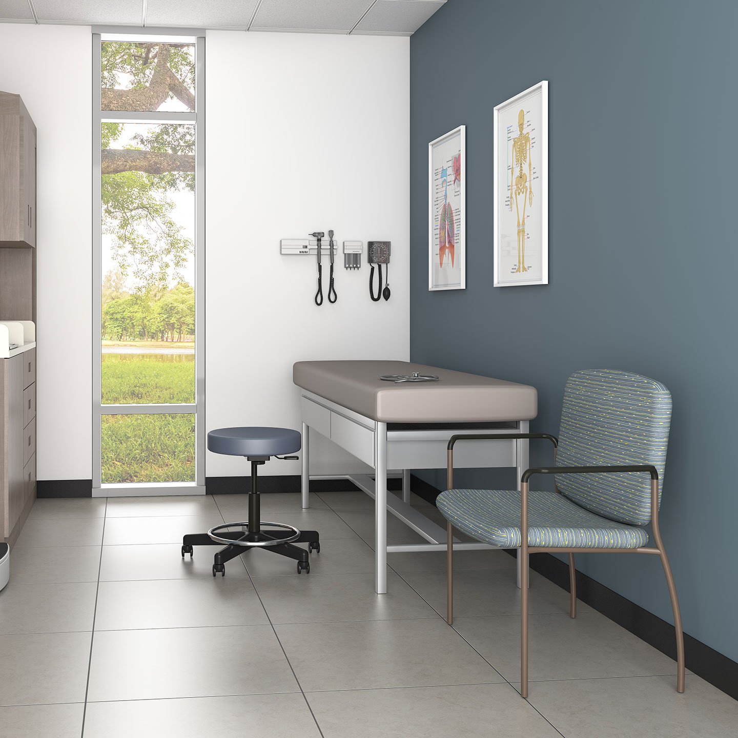 Haworth Exam stool in dark grey seating being used in a patient examination room