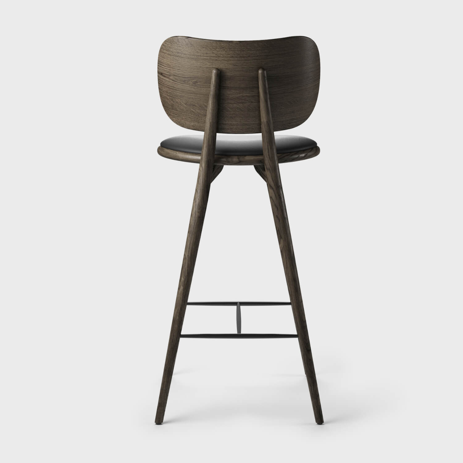 Dark stained wood high stool with backrest and footrest viewed from front
