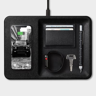 Catch:3 Wireless Charger Tray - Leather / Black (BK-BK)