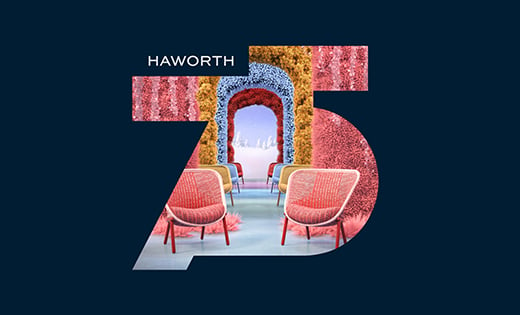 Haworth 75th anniversary logo featuring Cardigan chairs