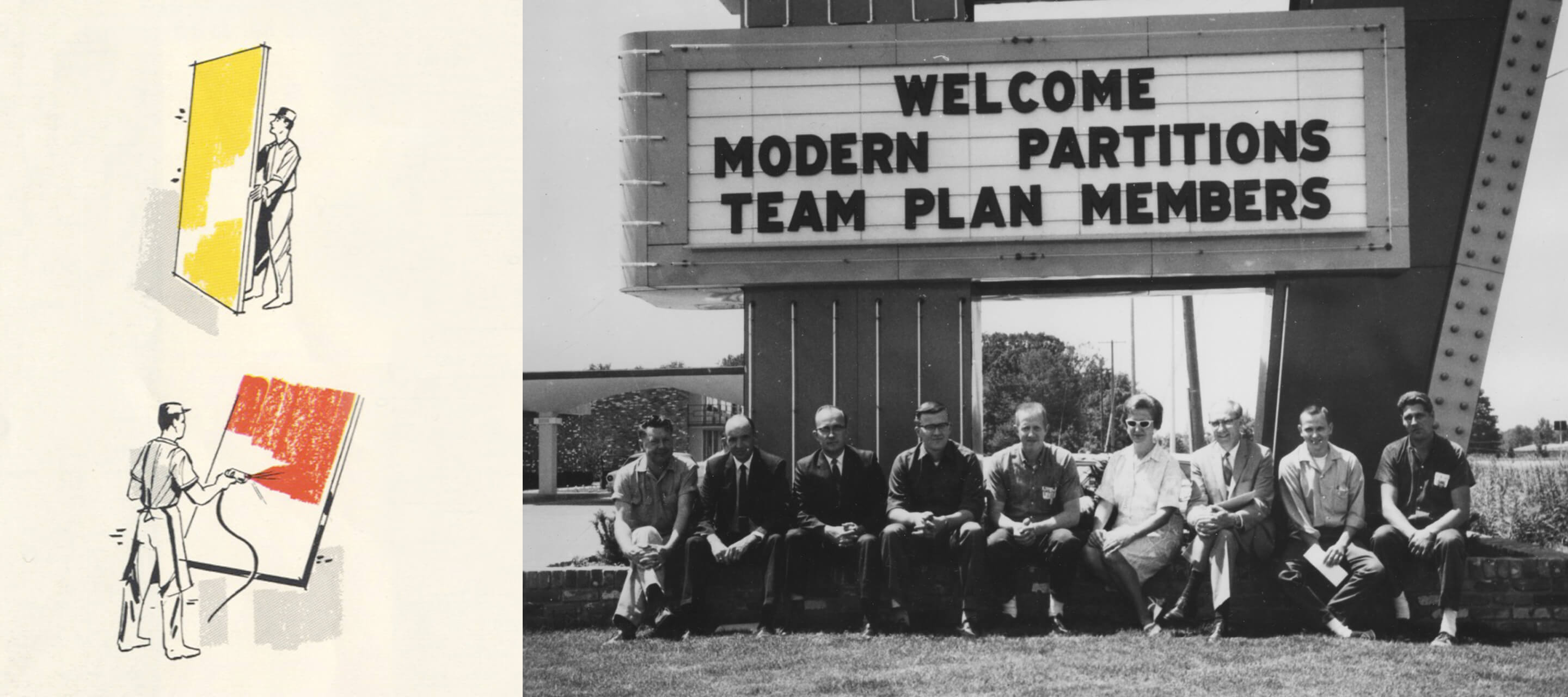 Années 50 — En 1951, un commercial indépendant lui présente un croquis de cloisons séparatrices, sur le modèle de ceux des banques, destinées au siège de l’United Auto Workers de Détroit. G.W. commence à produire ses premières cloisons sol-plafond amovibles . À la fin de la décennie, Modern Partitions, Inc. est née.