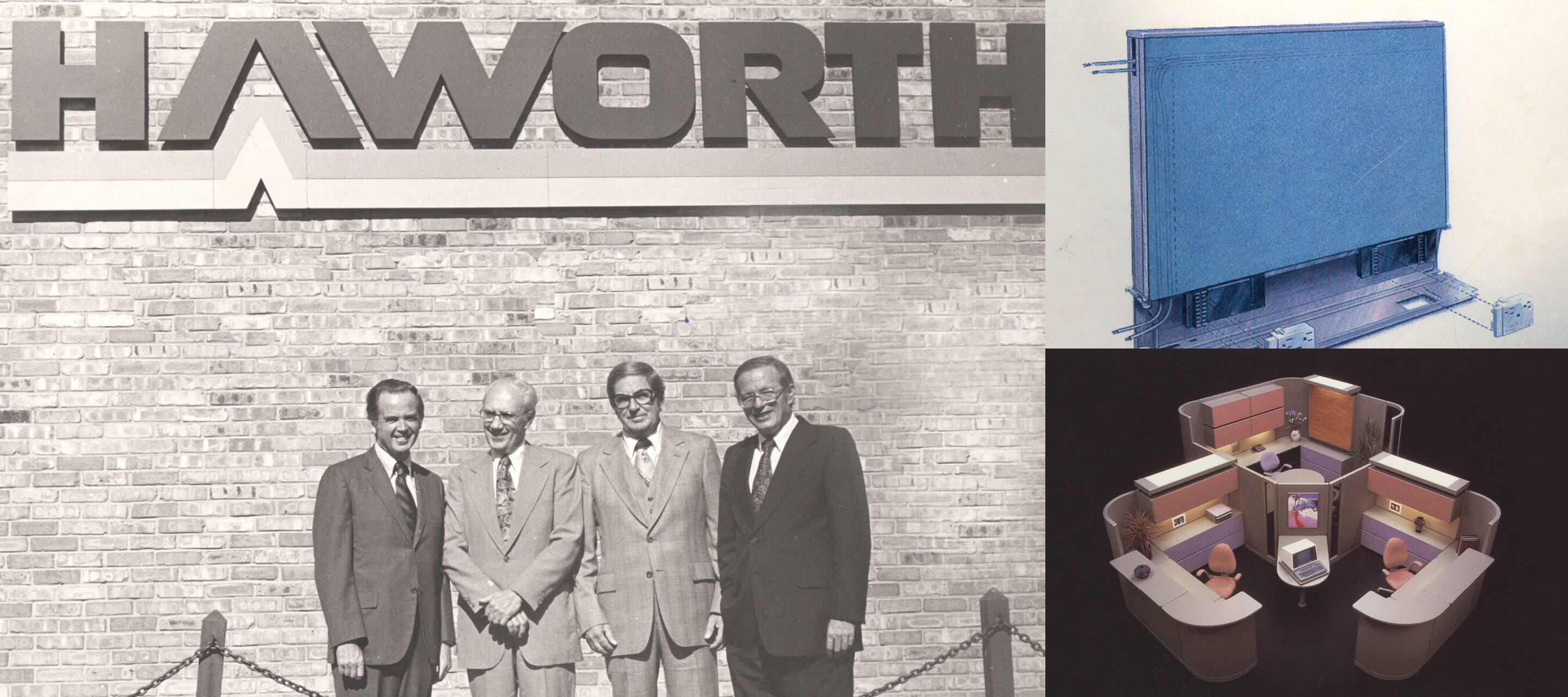 1970年代 ​— 1976年，Modern Partitions更名为Haworth, Inc.。同年，Dick Haworth设计了一种预装配面板，这是自开放式办公系统以来最具创新性的办公空间产品，并且申请了专利。Haworth International, Inc.成立，开始在全球范围内制造和销售办公室内系统。