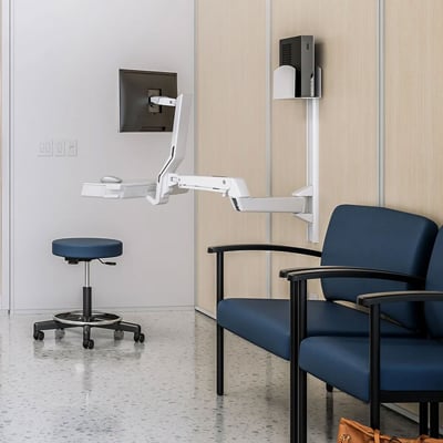 Haworth healthcare furniture in an exam room in blue upholstery
