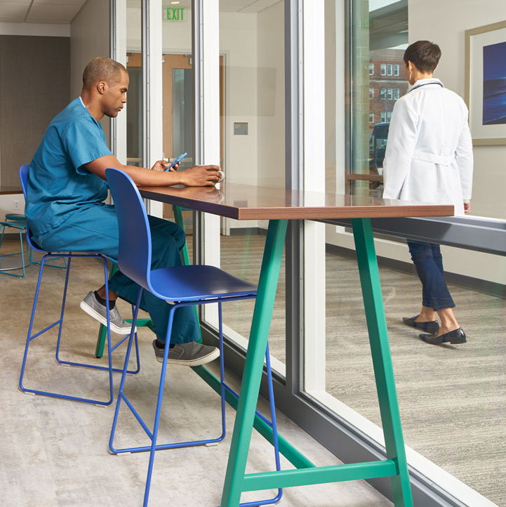 Haworth Maari high chairs in blue in a healthcare space
