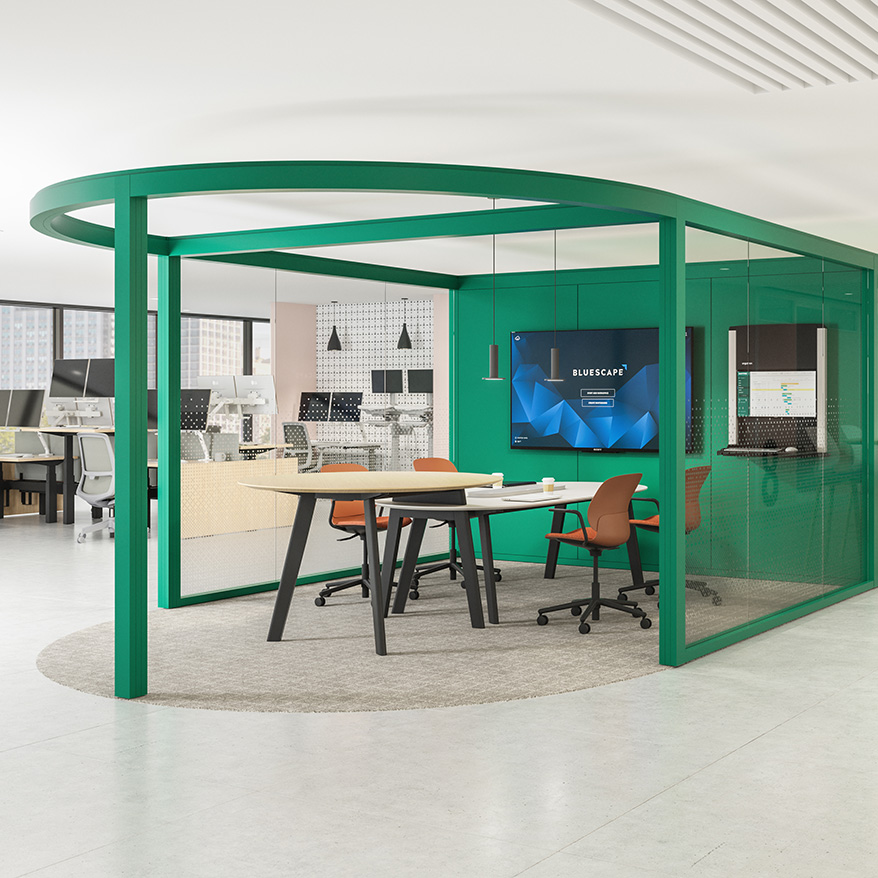 Haworth Pergola workspace in green color inside an office