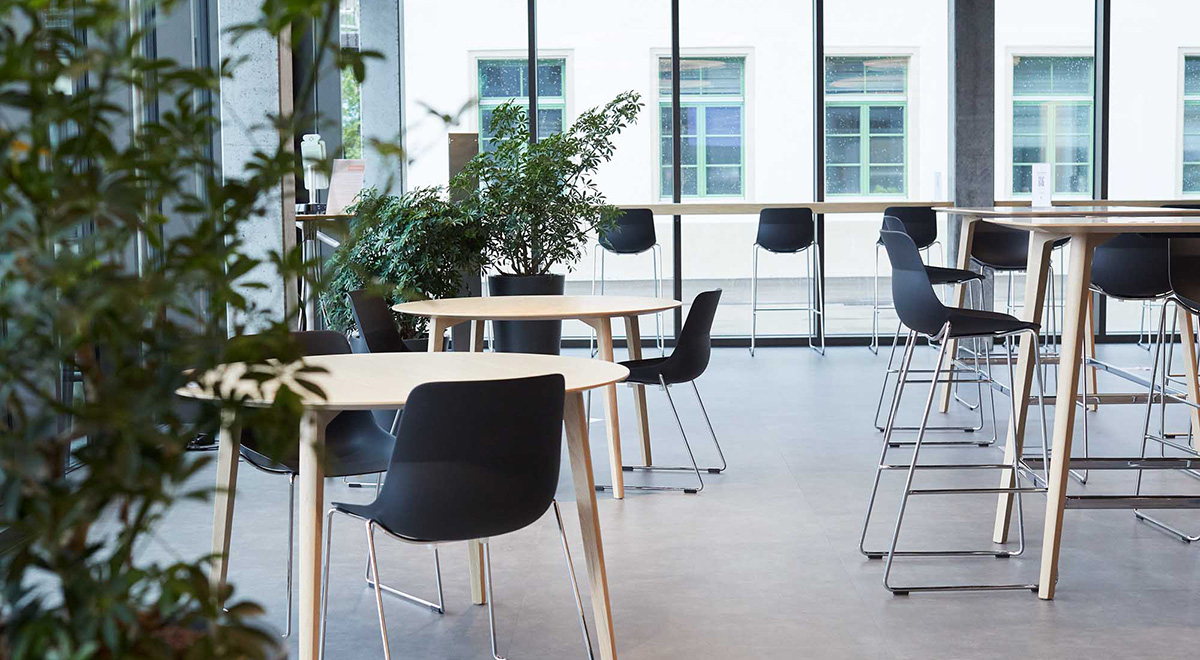 Brunner Crona Light stools provide places to perch for a quick bite or impromptu meeting. 