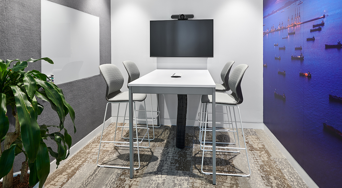 Team spaces are equipped with technologies for on-site meetings and an “always on view”  for remote team members. 
