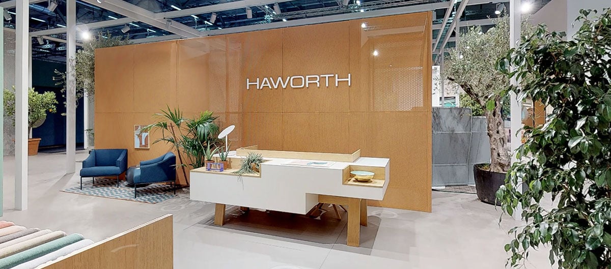 A warm welcome awaits you at reception on the Haworth Orgatec booth.