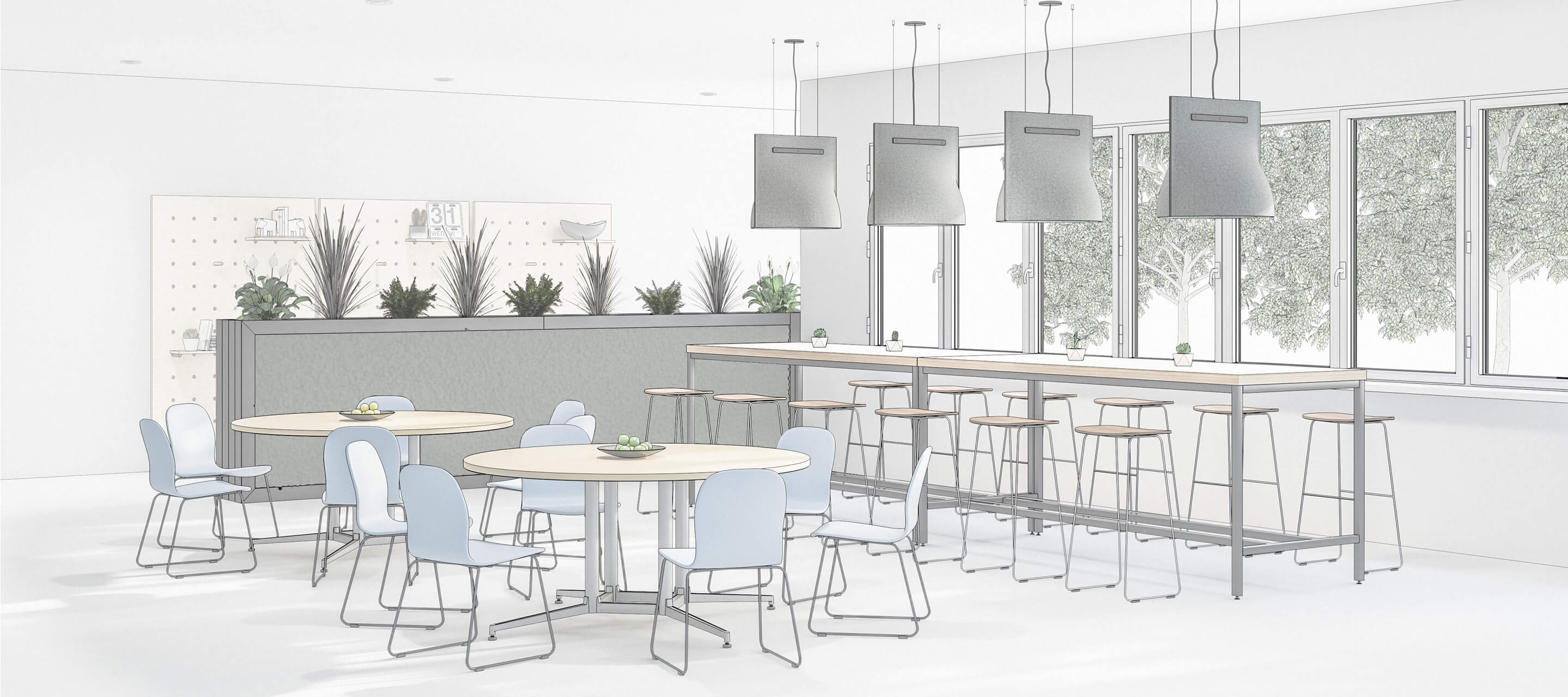 Haworth Cafe Idea Starter with tall tables and round tables with chairs around them and lights coming down from the ceiling and tall storage area with plants on it looking out to trees with large windows