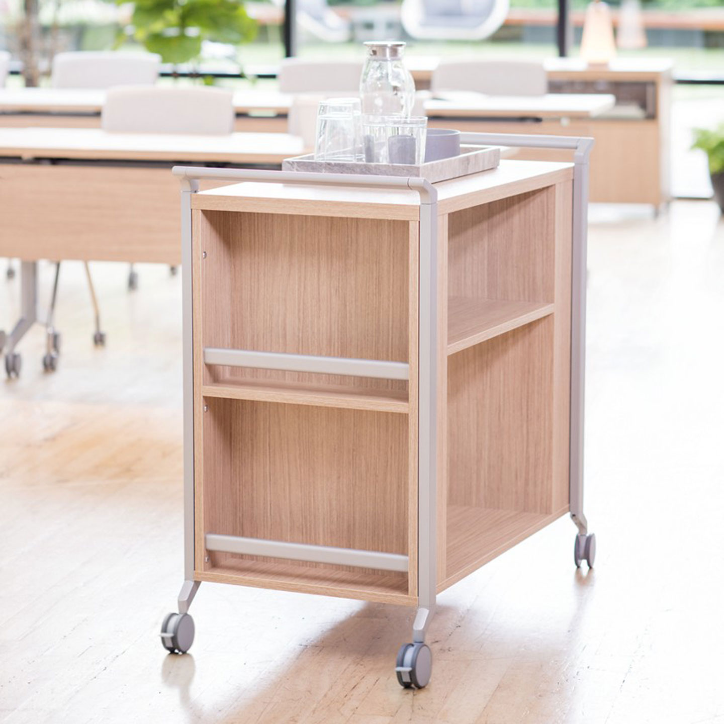 Haworth Planes Accessories wooden cart in office space with water on top of it 