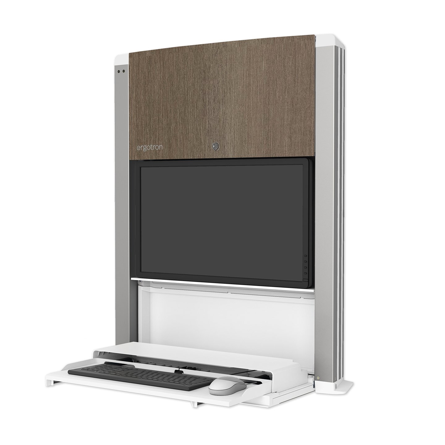 Haworth Carefit Enclosure Workspace opened up in wood finish with keyboard and mouse out
