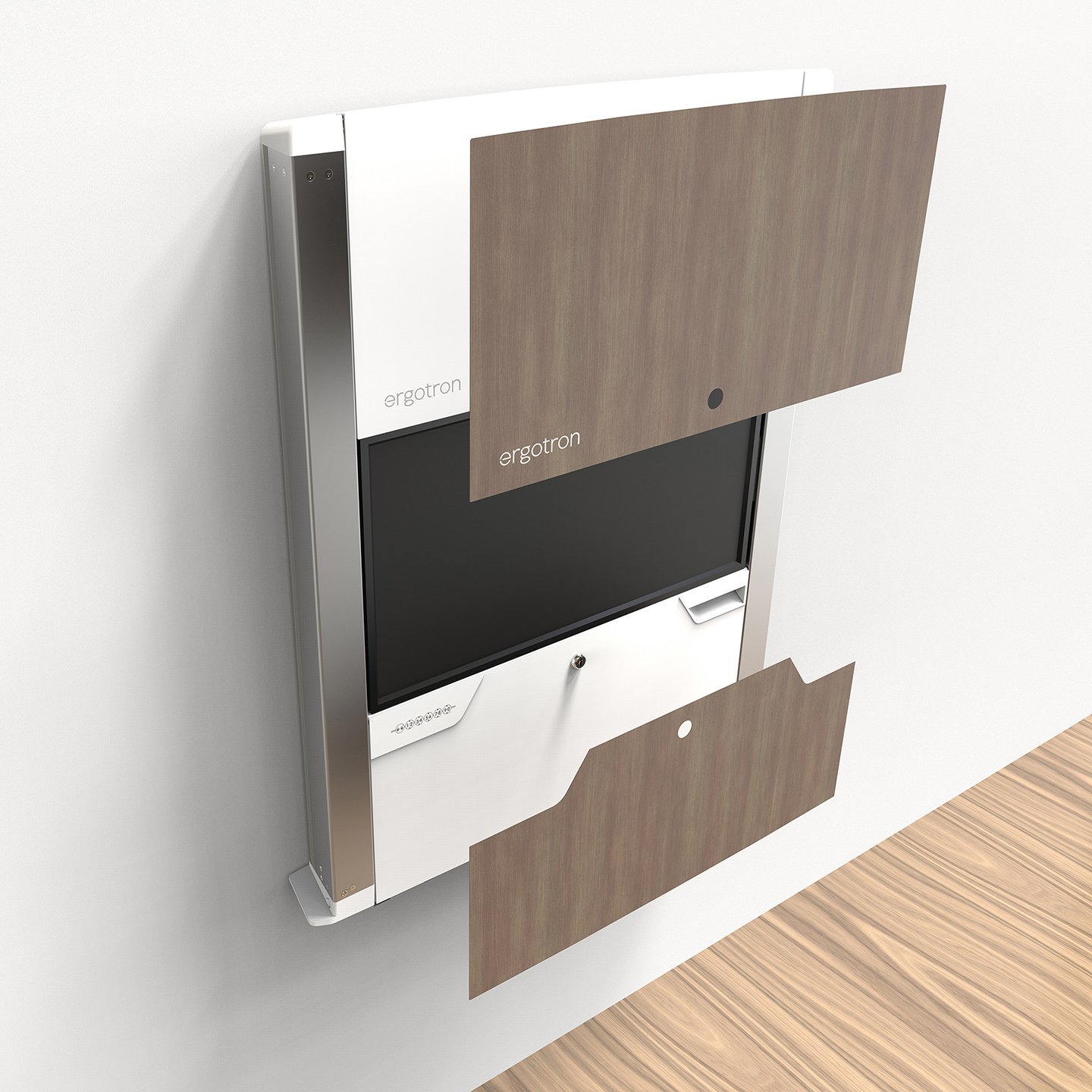 Haworth Carefit Enclosure Workspace with wood exterior against a white wall