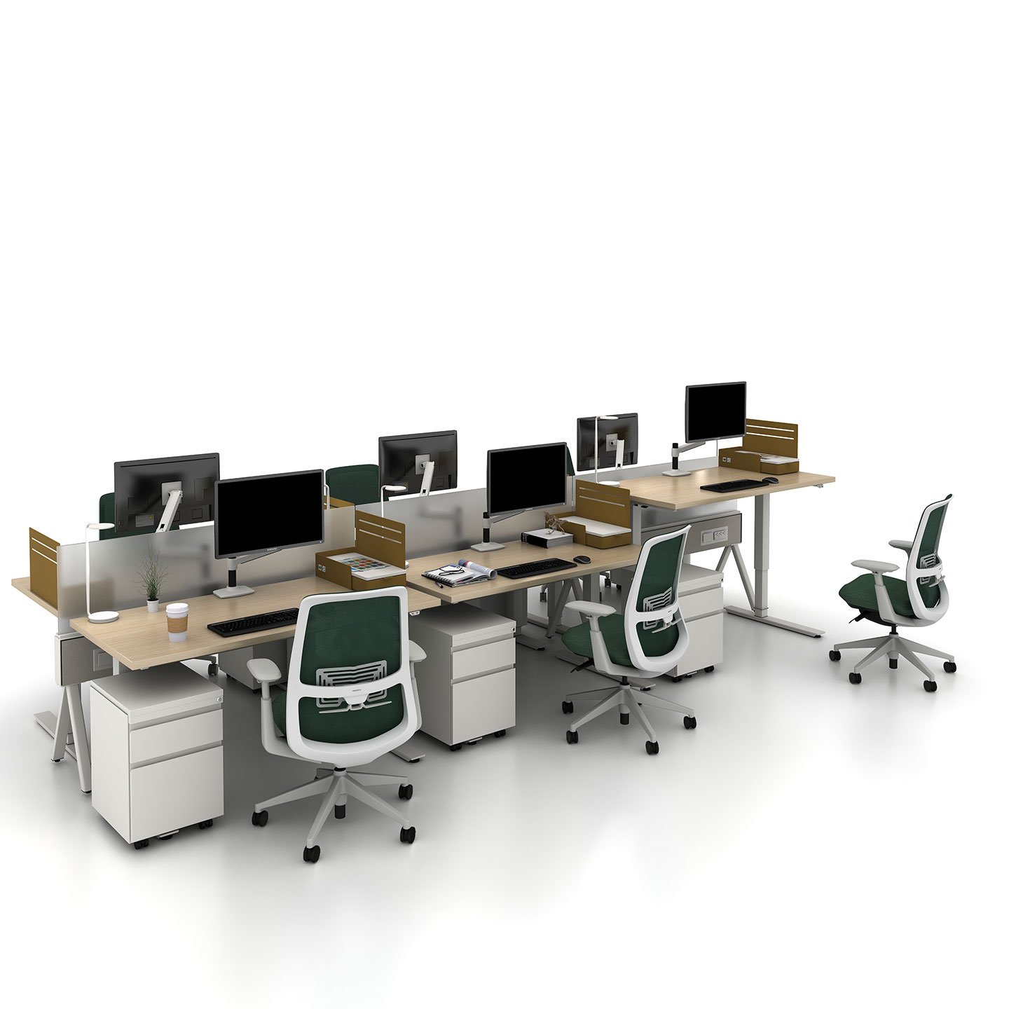 Haworth Compose Beam Workspace divider in mock office space with height adjustable desks