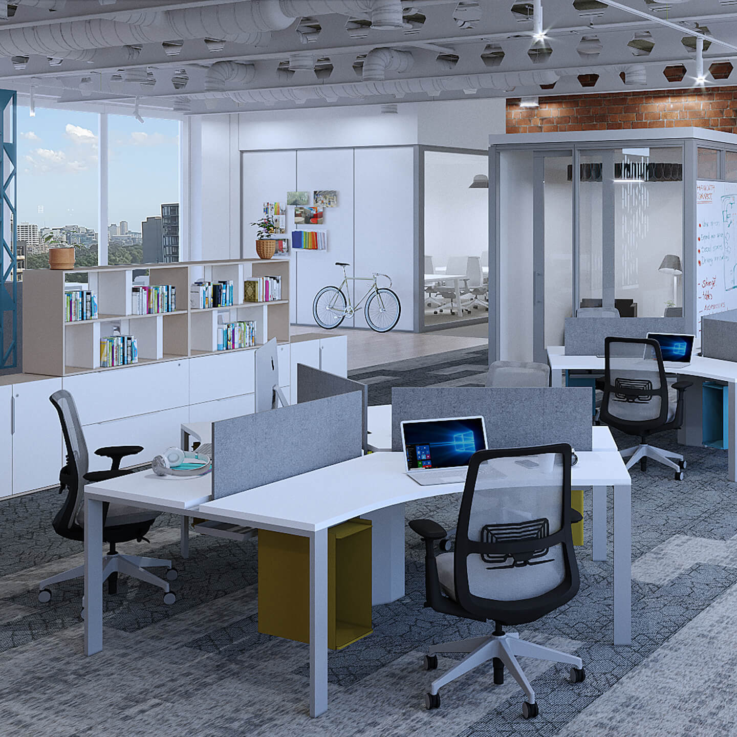 Haworth EZ Workspace partial divider at desk space with other desks near it in an open office setting
