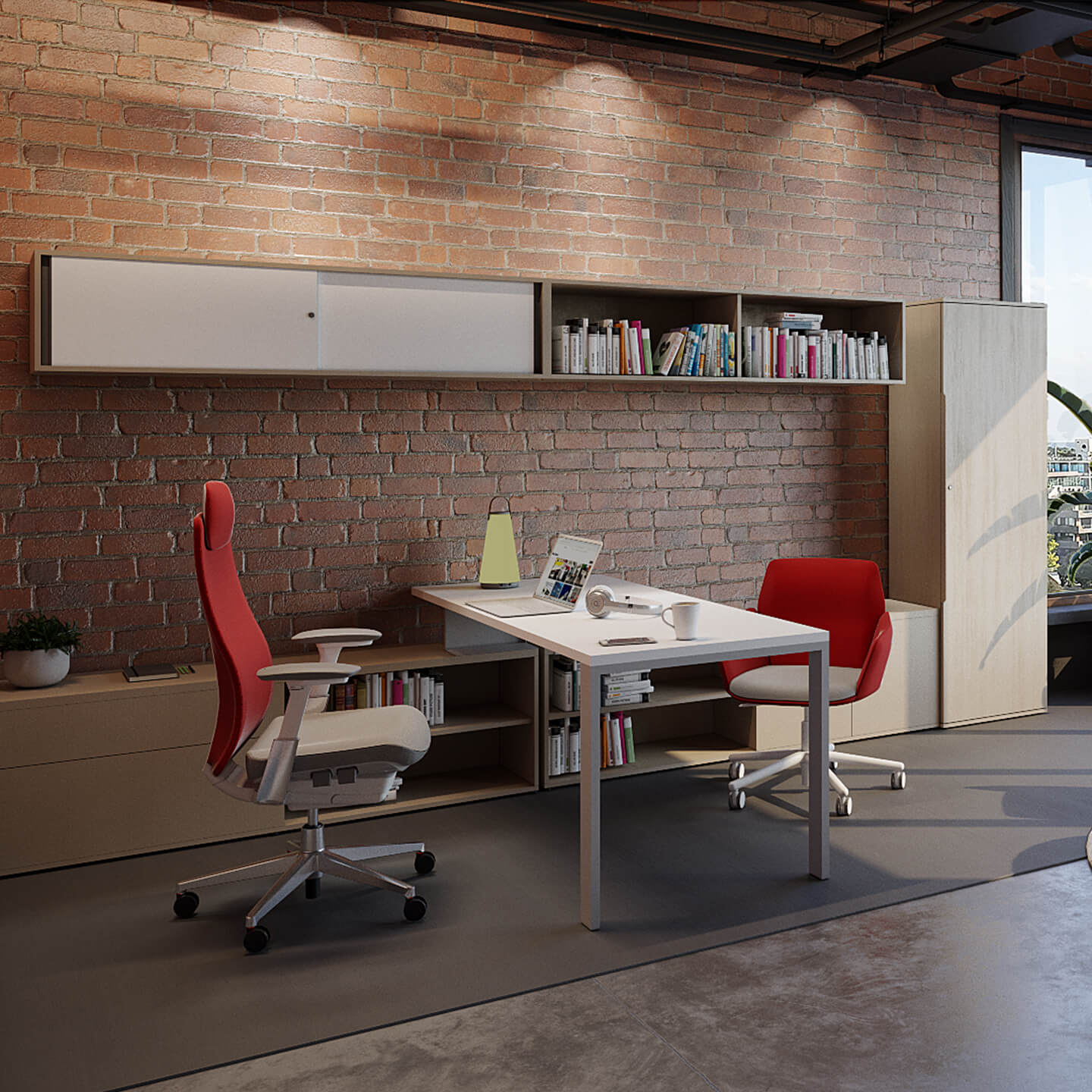 Haworth EZ Workspace partial divider at a desk with chair and storage space with a brick wall