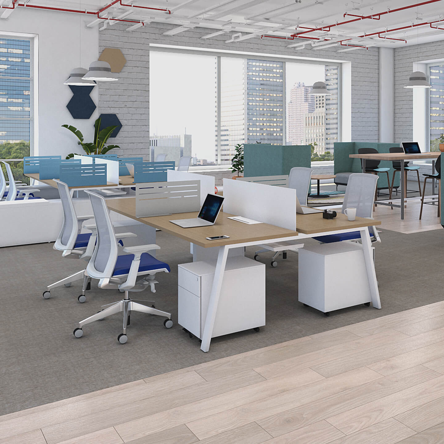 Haworth EZ Workspace partial divider in open office setting with multiple desks with glass windows