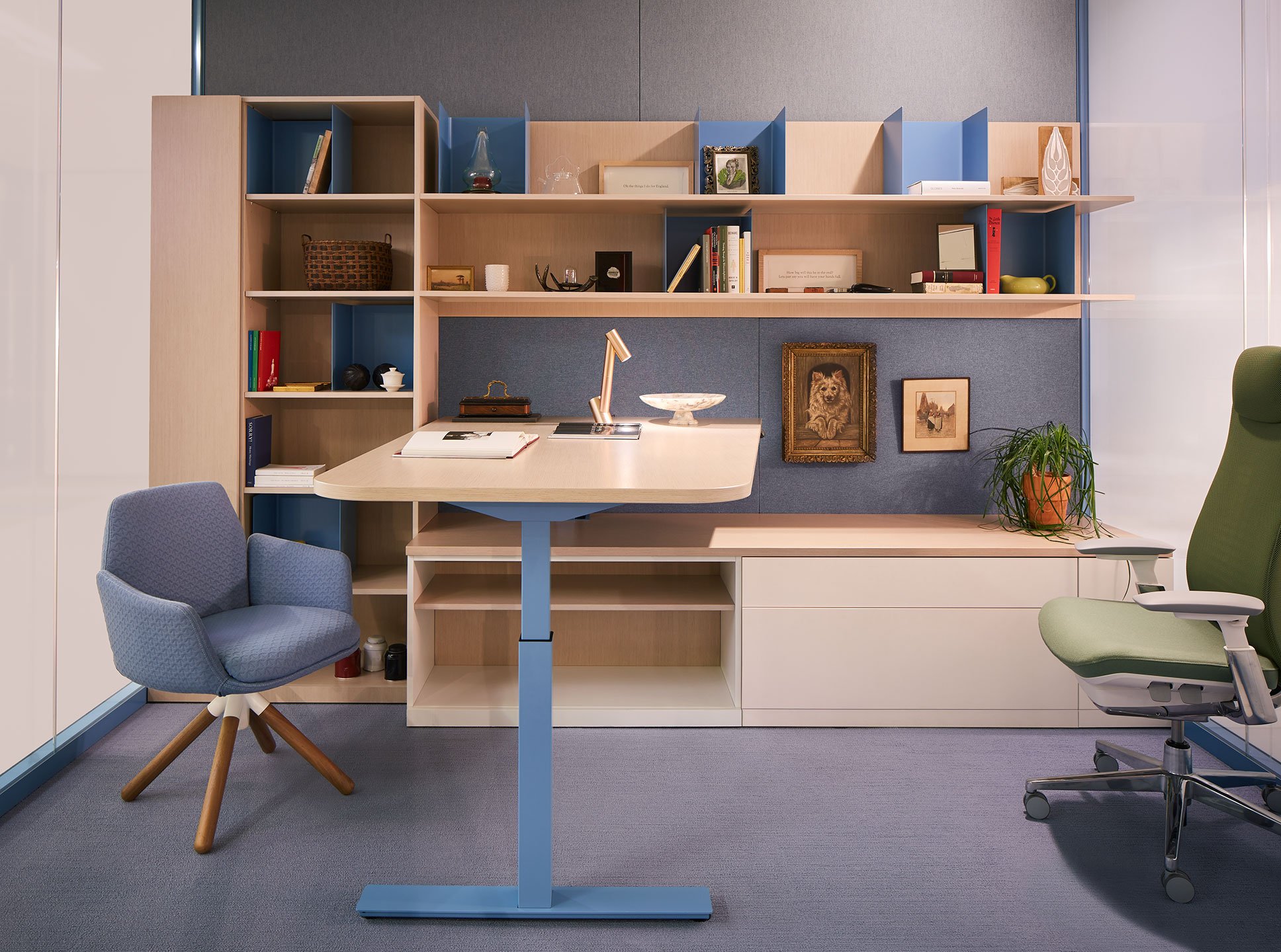 Haworth Masters Series Workspace with height adjustable desk and maple storage units and chairs 