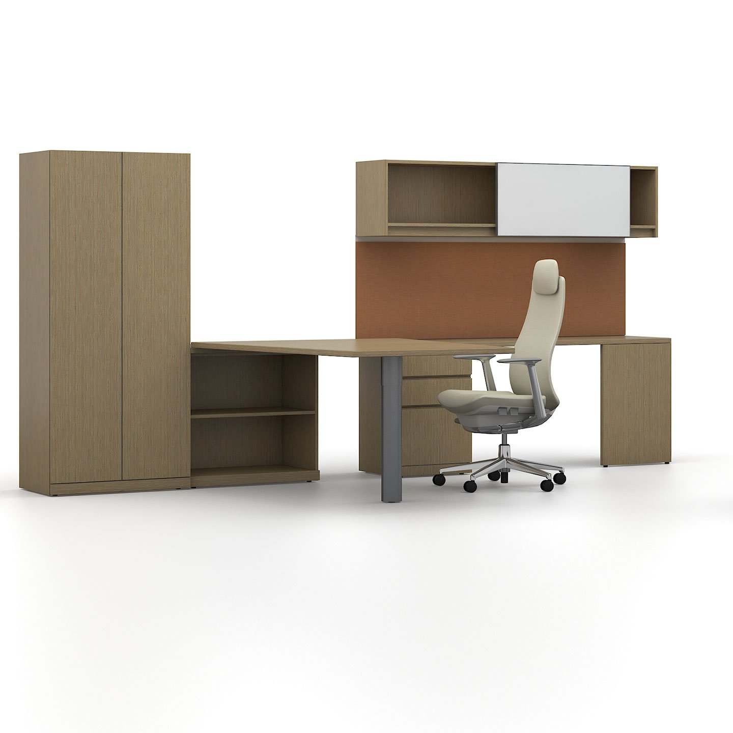 Haworth Masters Series Workspace in wood with multiple storage areas and fern chair