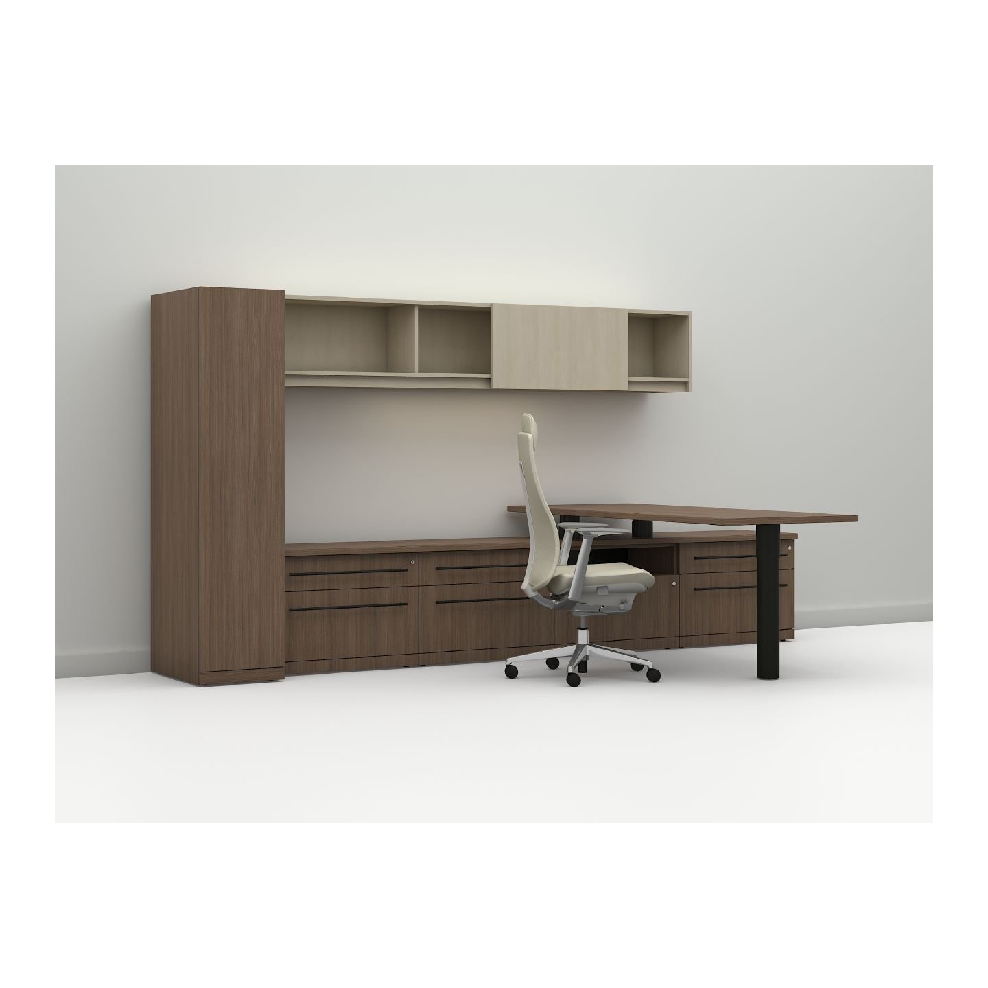 Haworth Masters Series Workspace in oak color with cream colored chair
