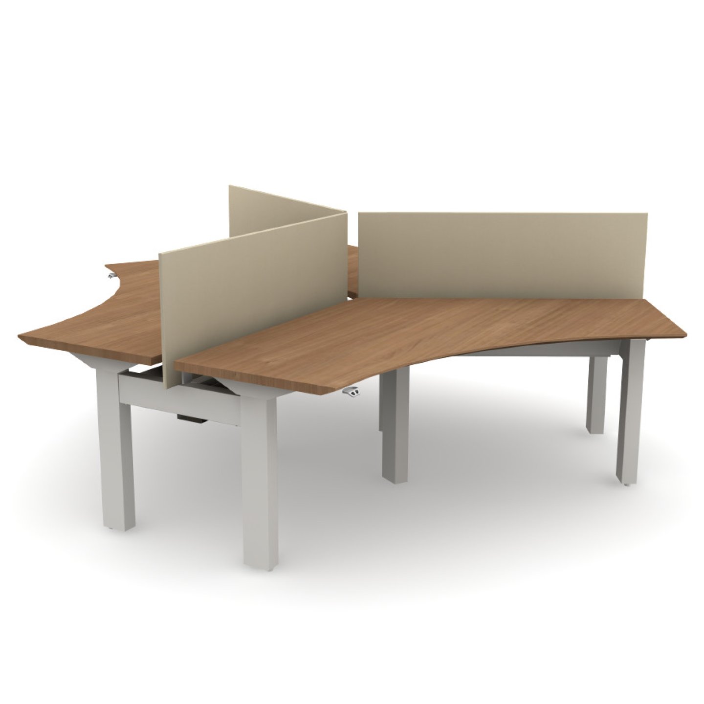 Haworth Planes Value Model Height Adjustable Benching Workspace with three corner desks connected with dividers in between the desks