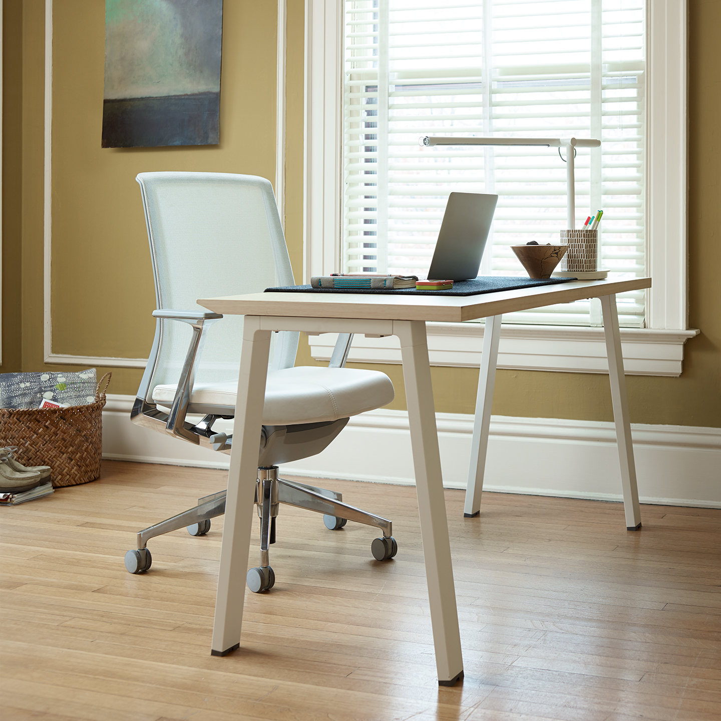 Haworth Reside Workspace in a home office for a laptop space with a haworth chair with it