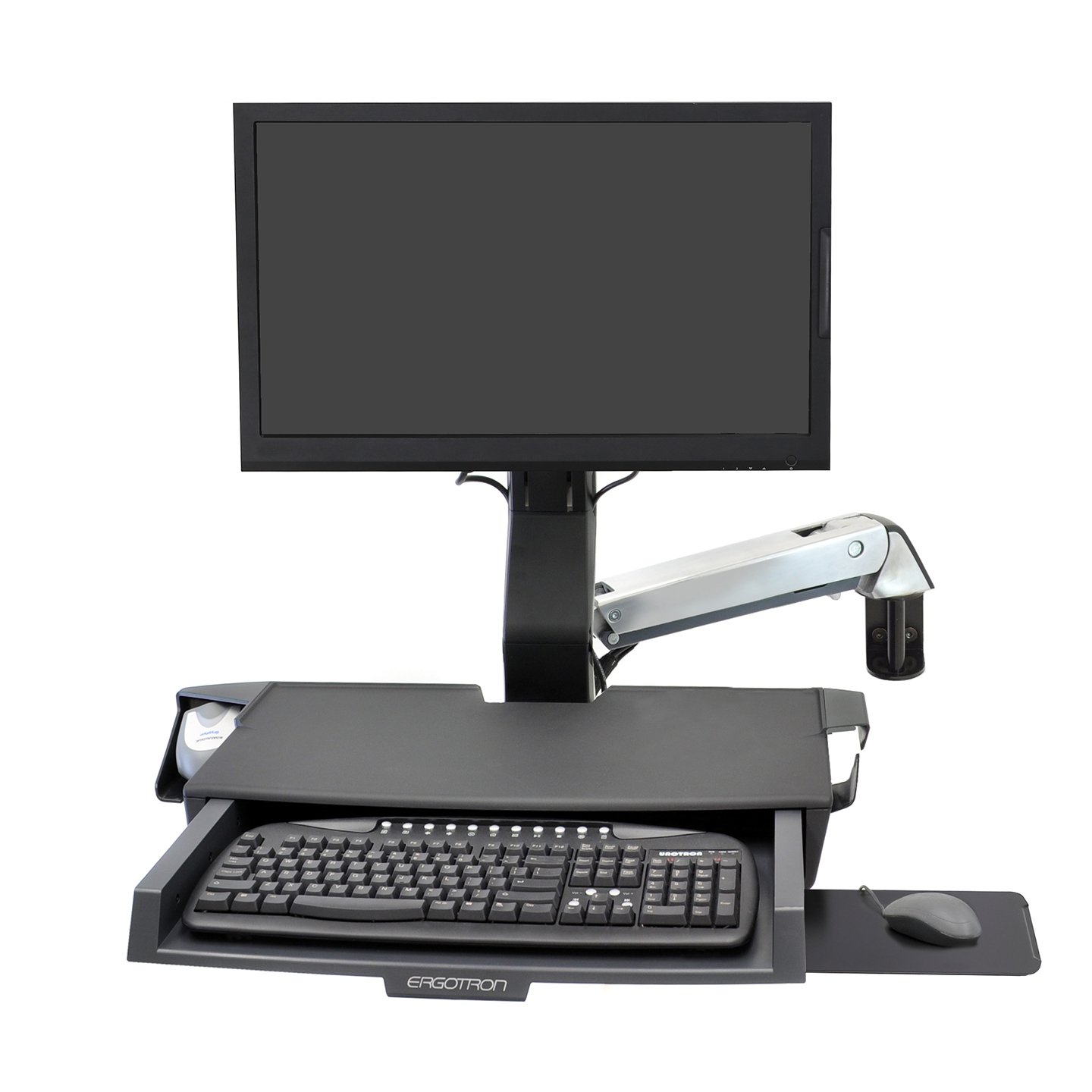Haworth StyleView Sit to Stand Workspace in black with monitor and key board folded out