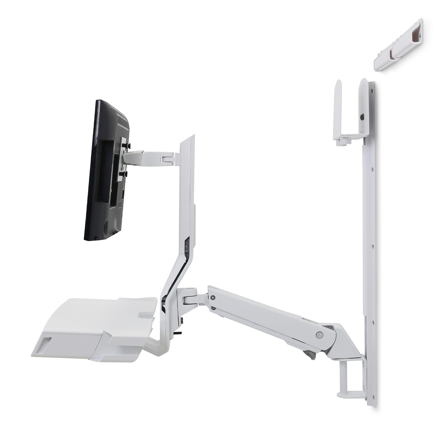 Haworth StyleView Sit to Stand Workspace with metal arms being extended in white