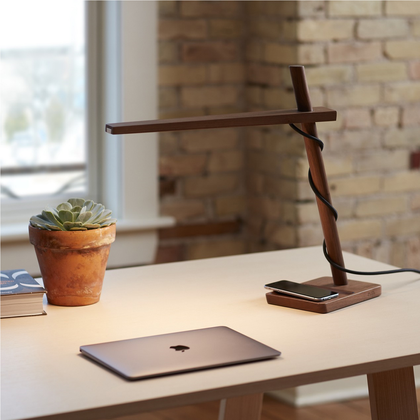 Haworth Clamp Lighting in dark wood on office desk with laptop and plant in open office space