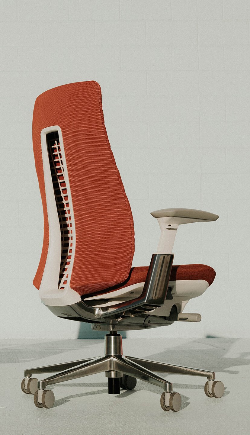 Haworth Fern Task chair in red Digital Knit back seen from the back view