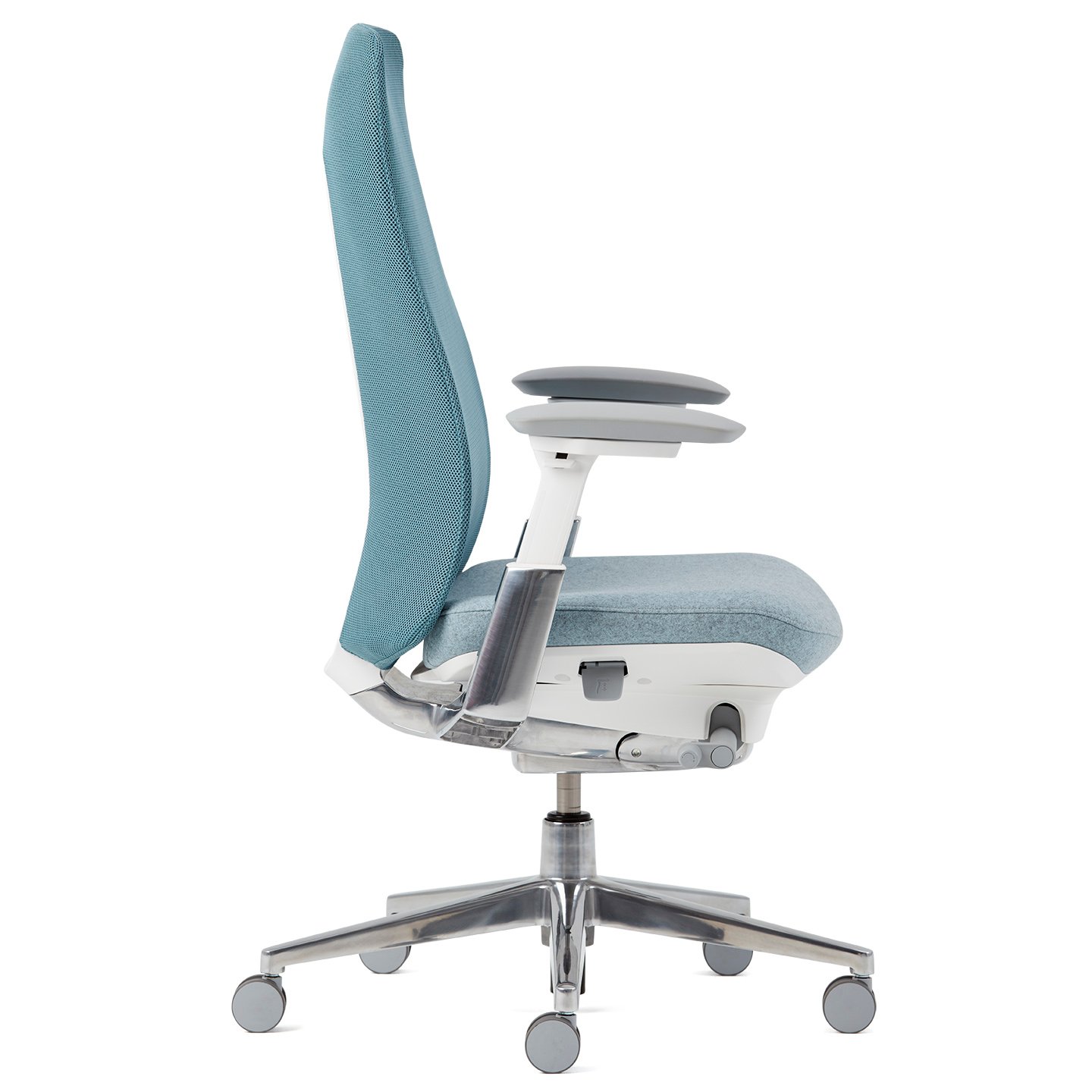 Haworth Fern Task chair in blue upholstery as seen from the side view
