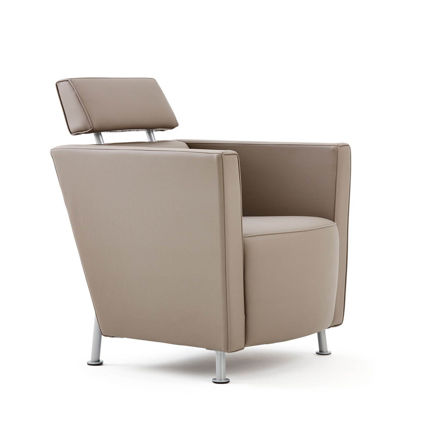 Haworth Hello lounge chair in grey leather upholstery at an angle