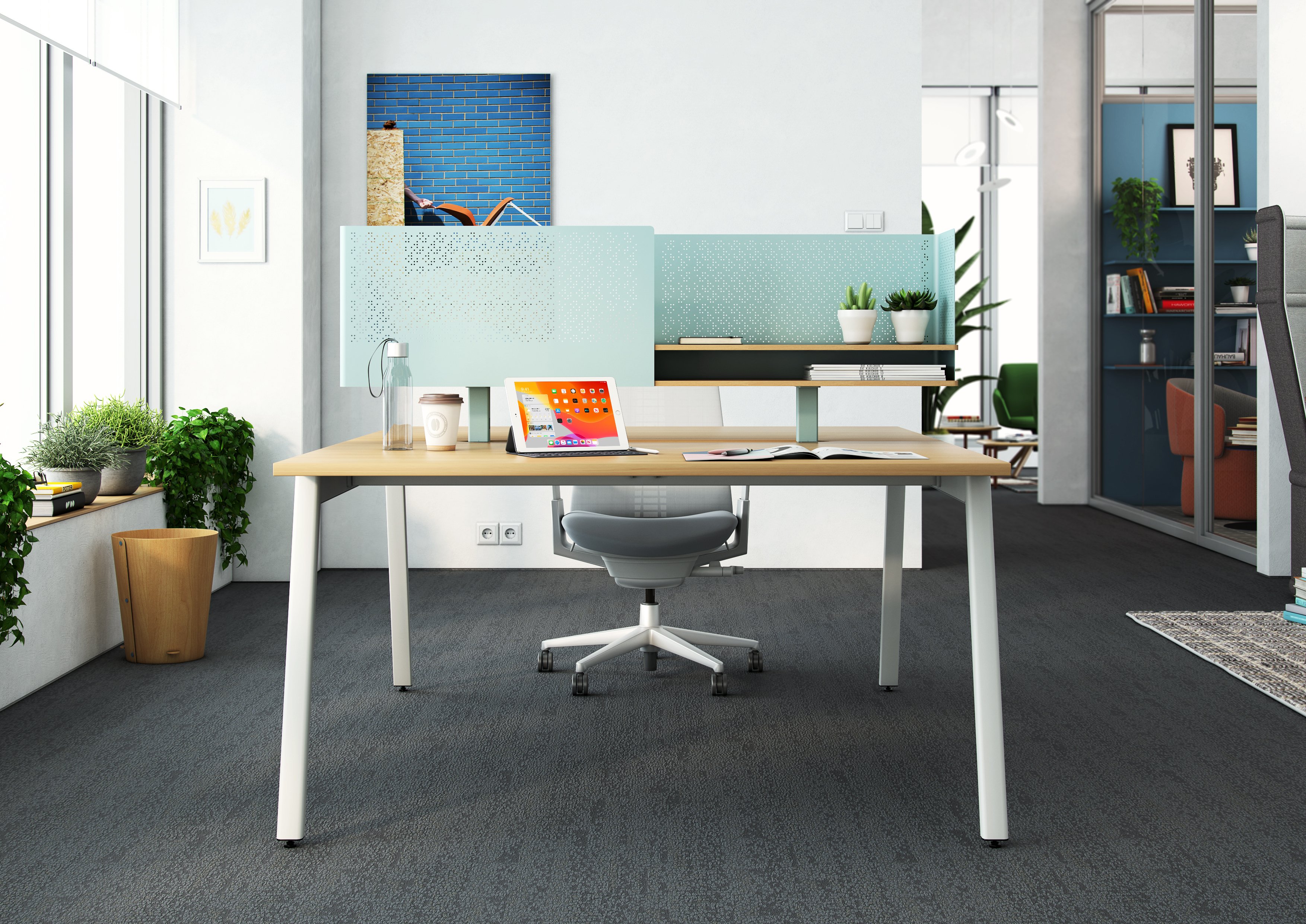 Active Components desk with privacy divider with shelves in blue. 