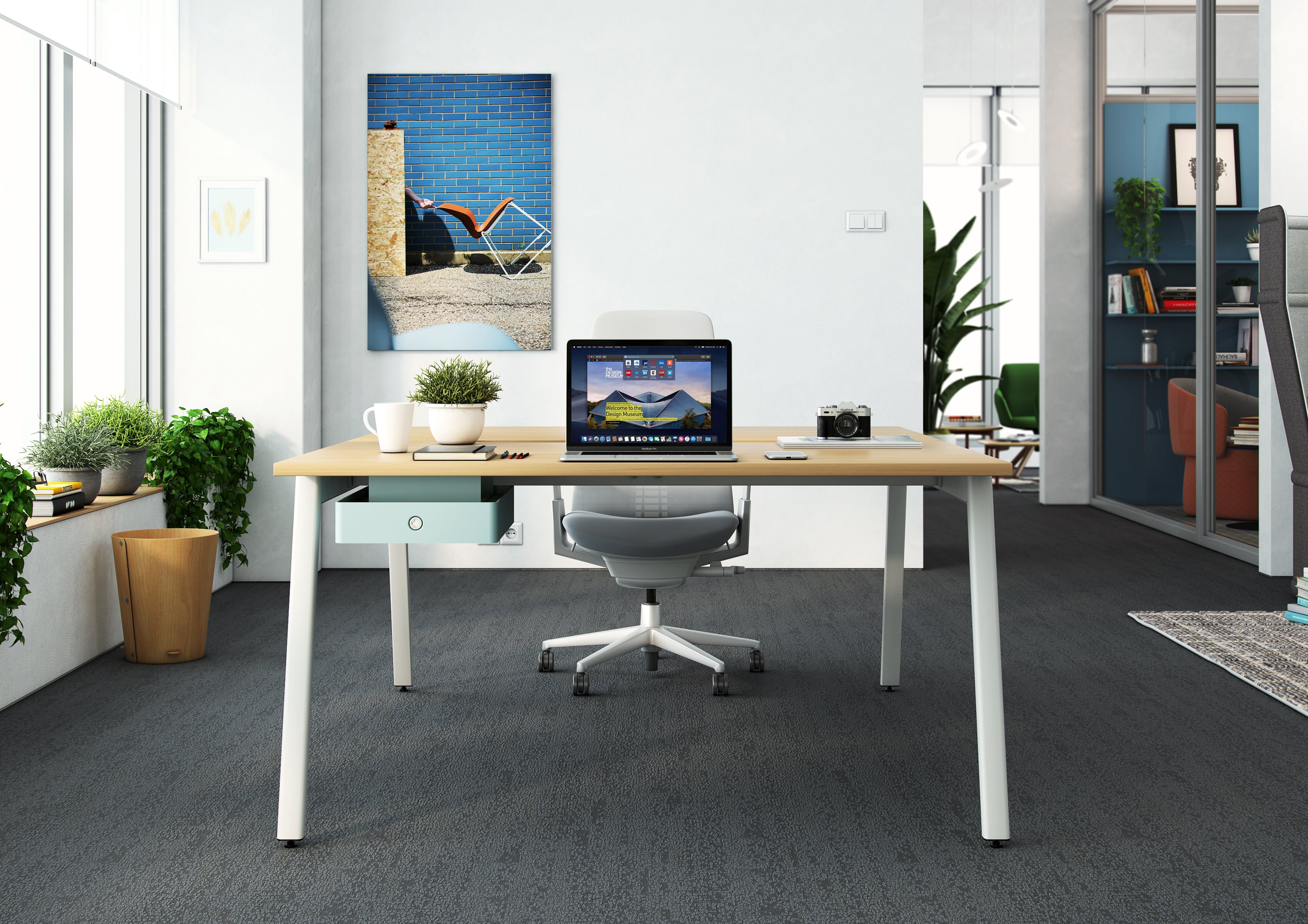Active Components desk with under desk drawers  in blue and table legs in white