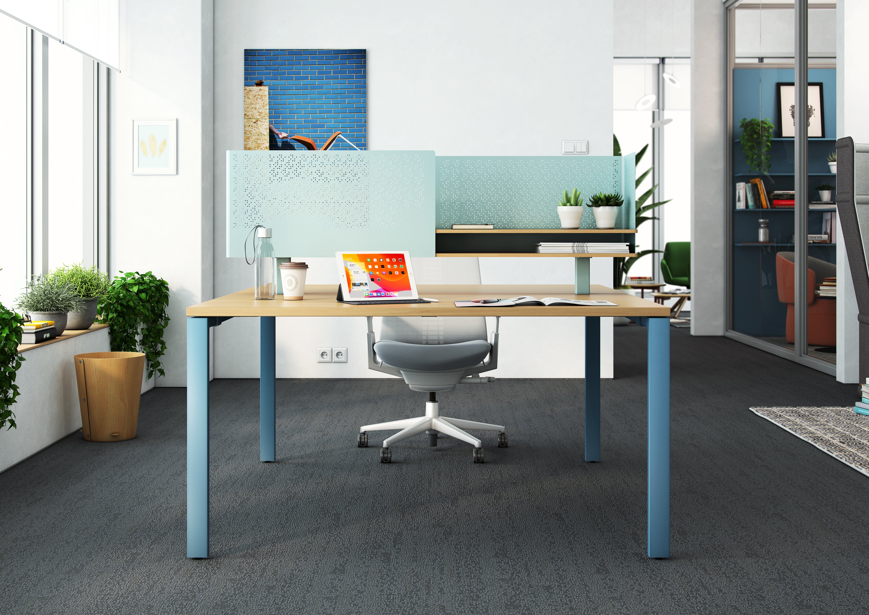 Active Components work space with personal shelving divider in blue