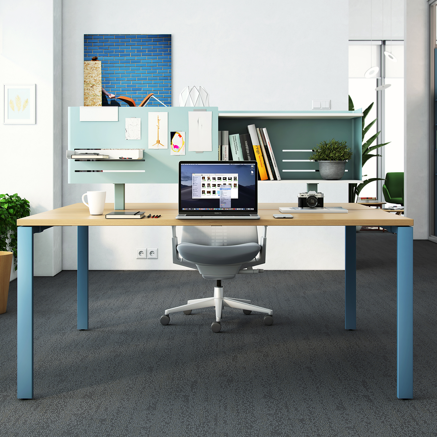 Active Components with shelf over desk in blue with blue table legs
