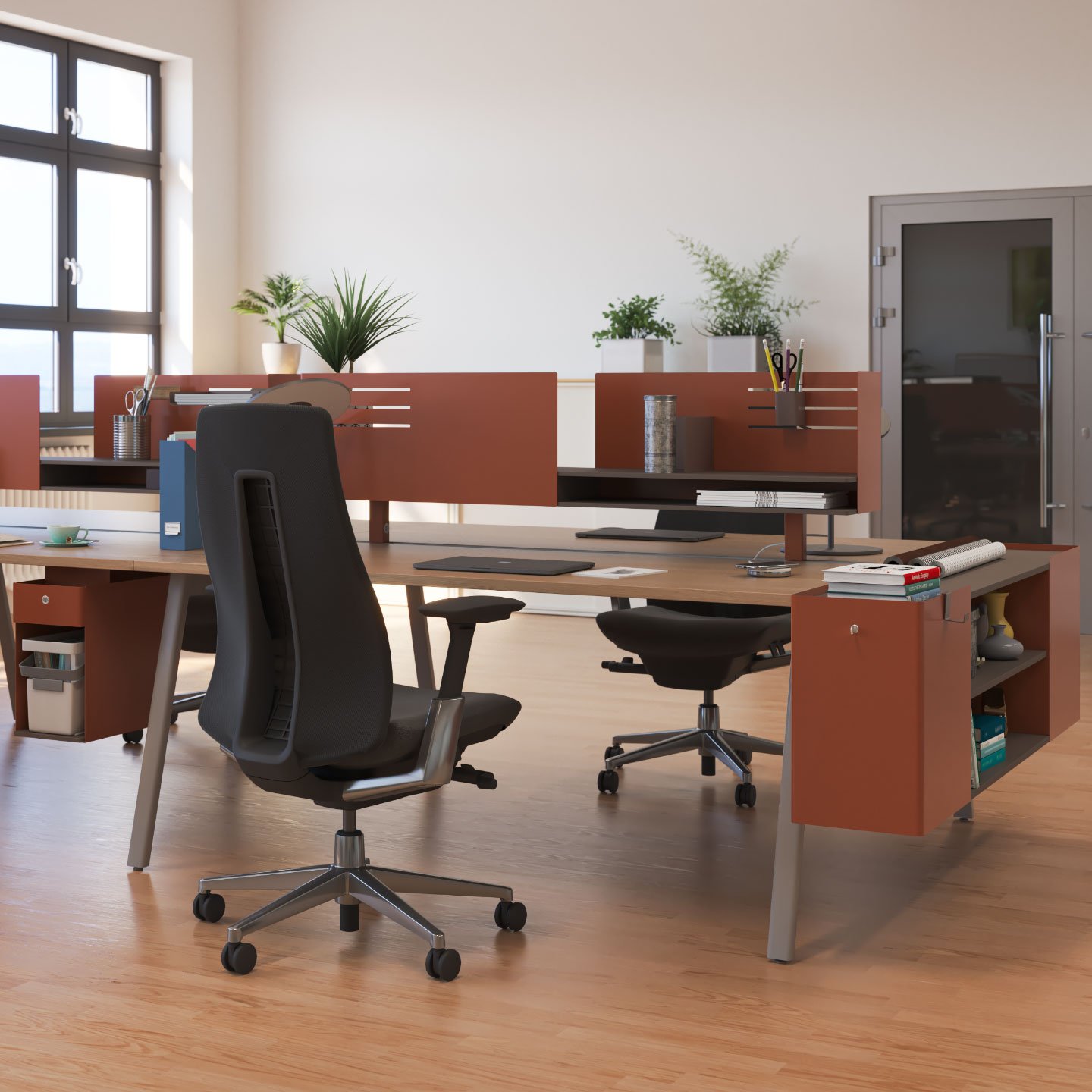 Active Components shelving and drawers at individual workspace with Fern chair in black.