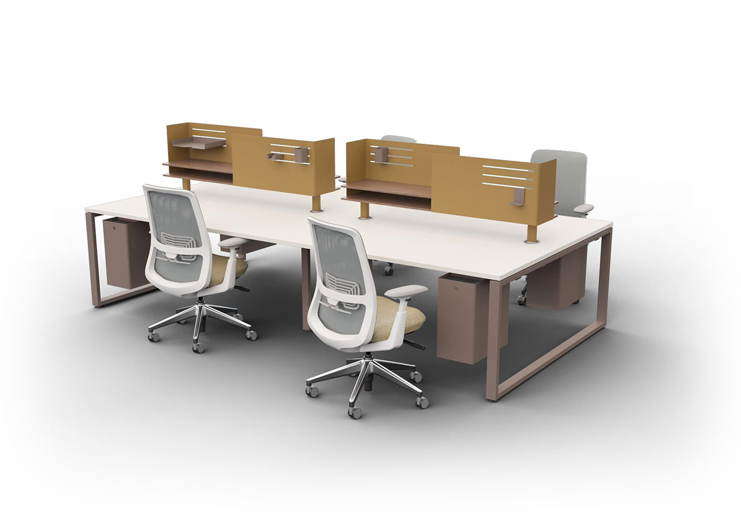 Active Components with four individual workspaces with Soji Chairs in gray 