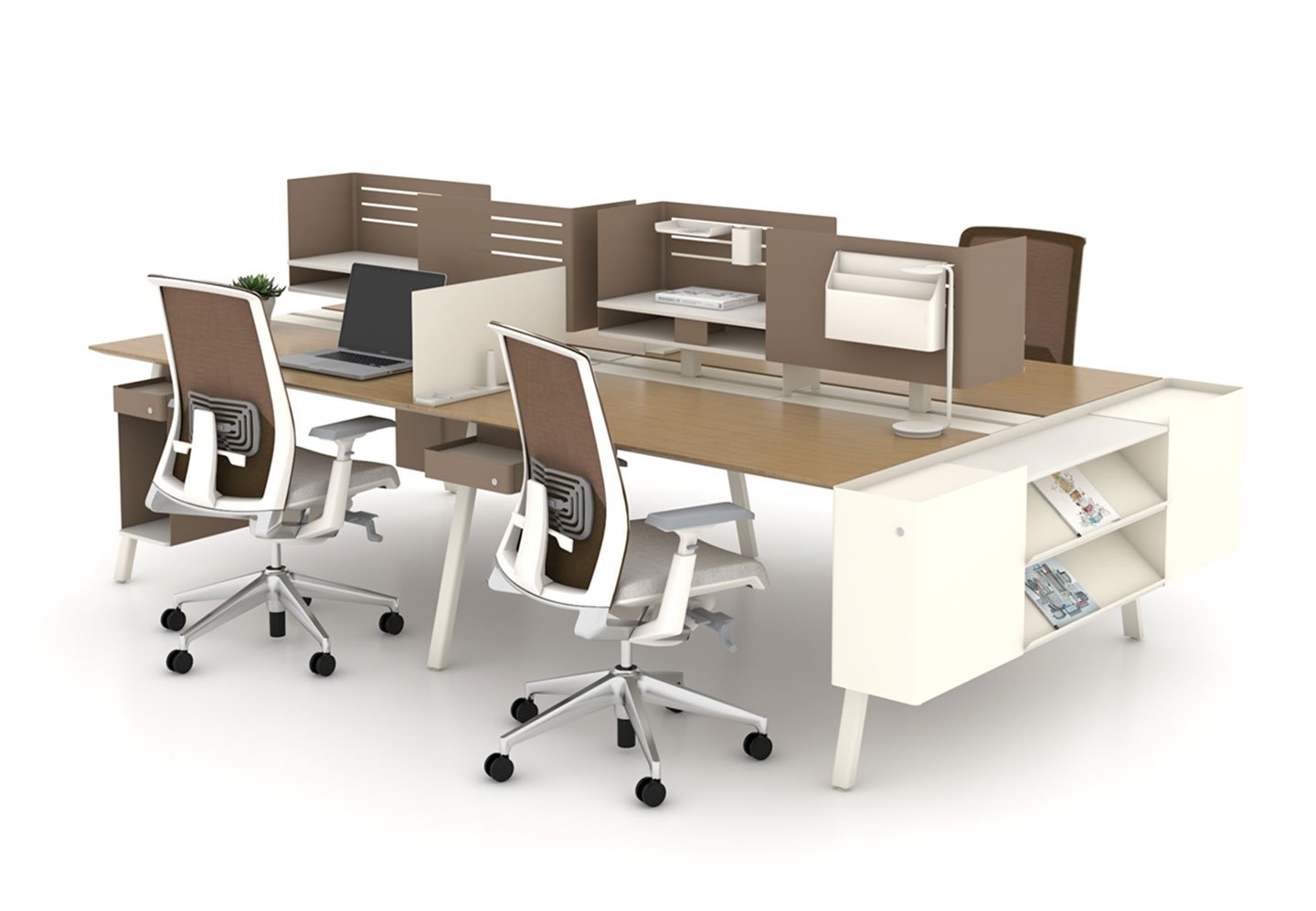 Intuity worksoace with two individual workspaces and Very chair in brown and white.