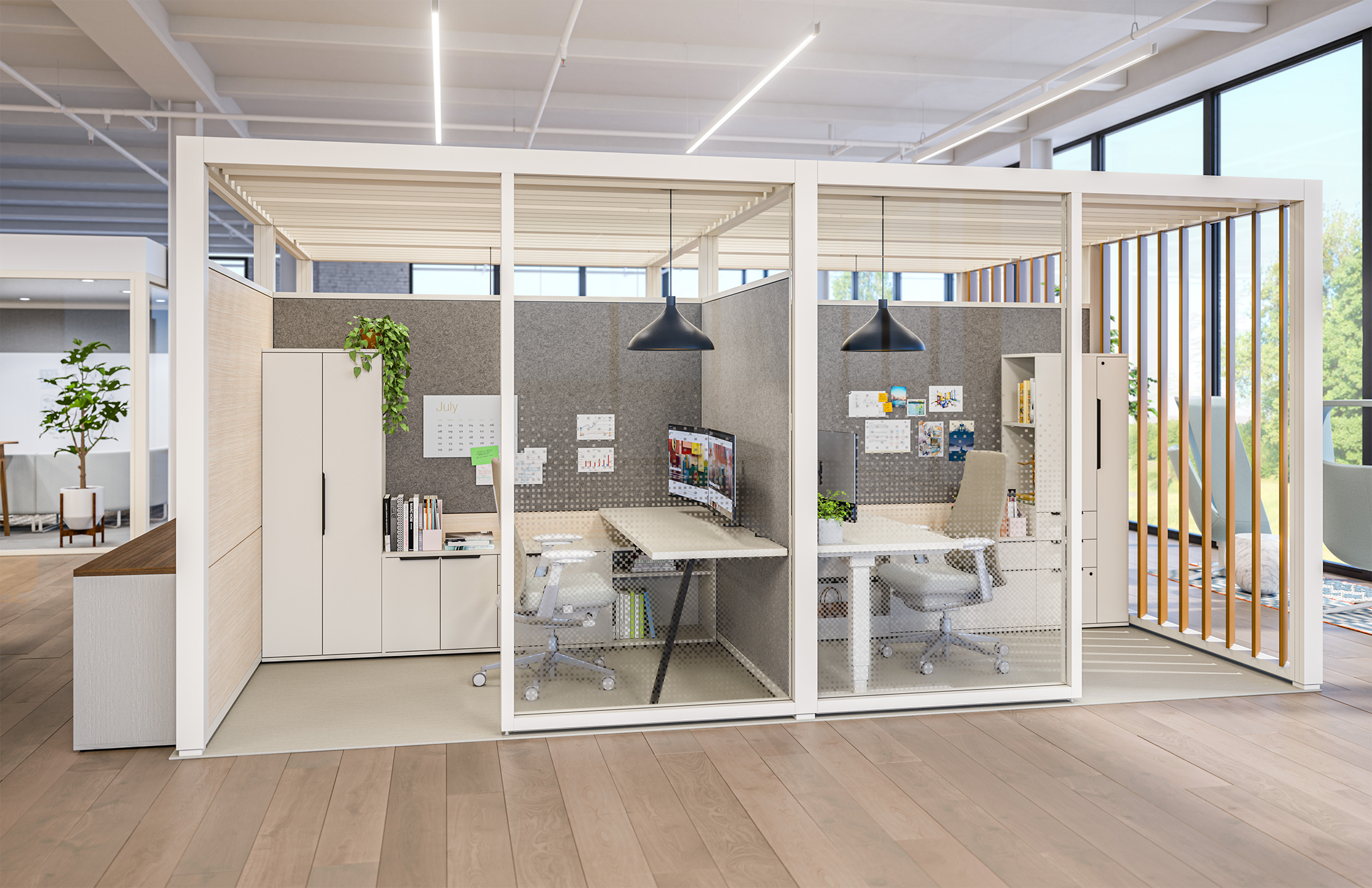 Two enclosed offices in Pergola workspaces with Be_Hold Be wardrobes and credenzas
