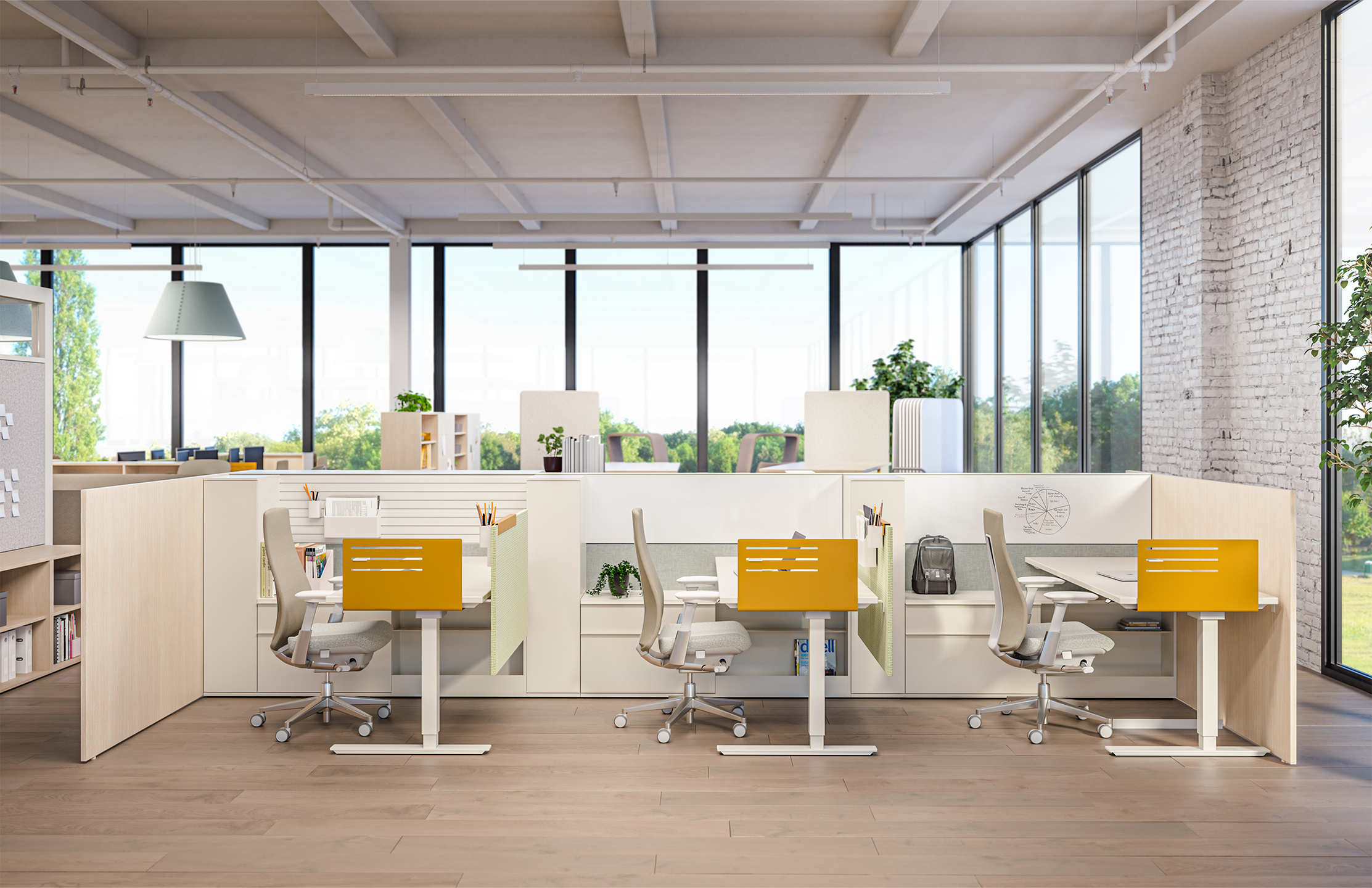 3 workspaces with height-adjustable tables, chairs & storage