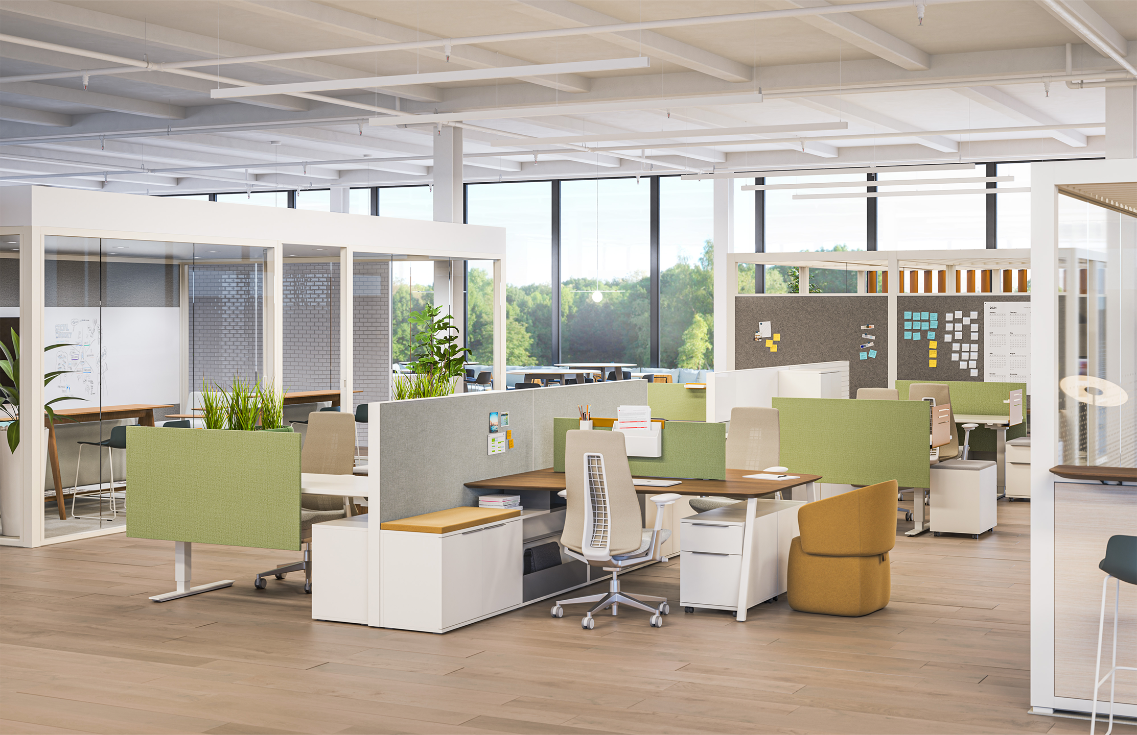 Office setting with panel workstations, seating and wall systems