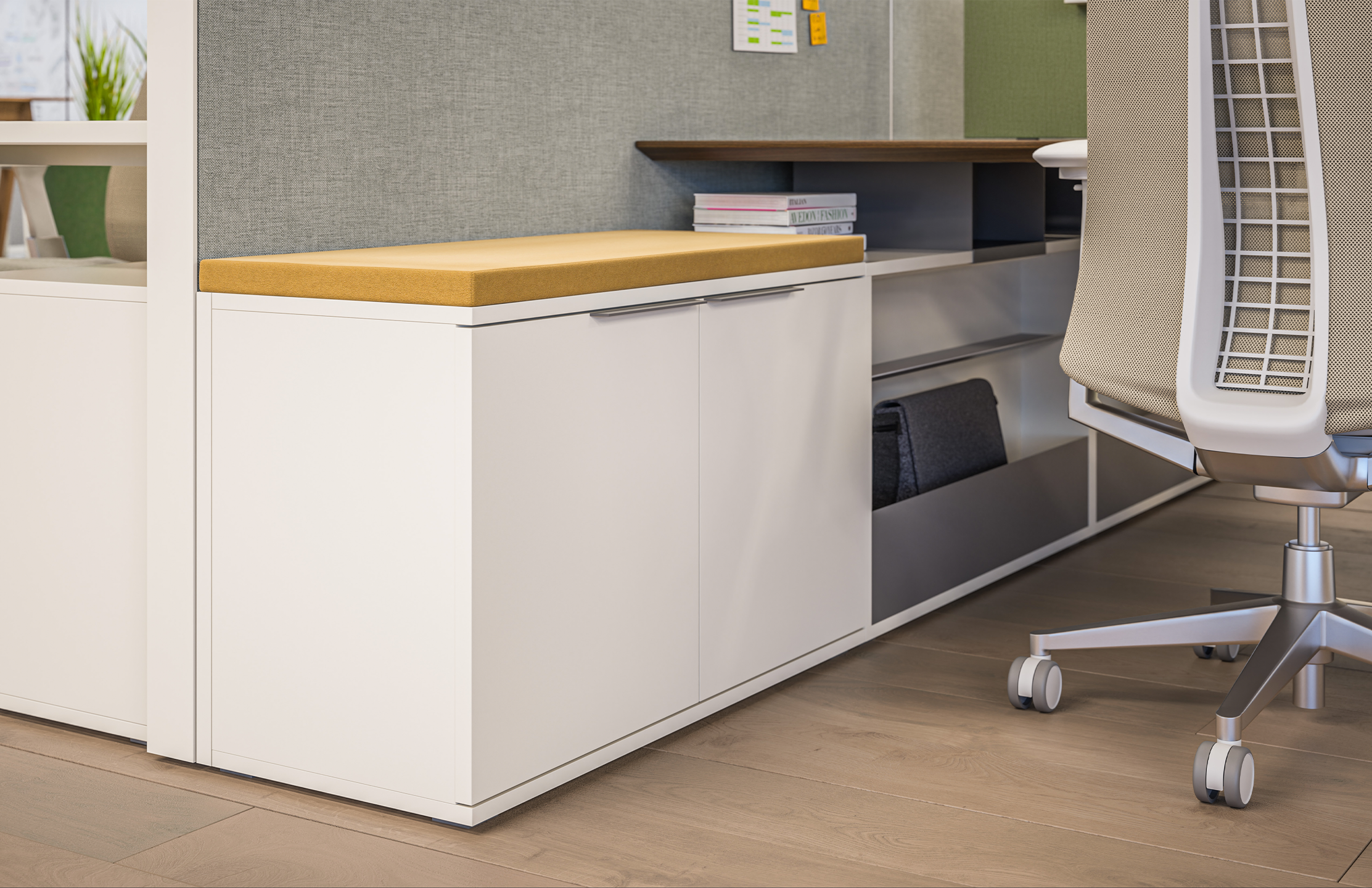 Freestanding low credenza in white finish with cushion