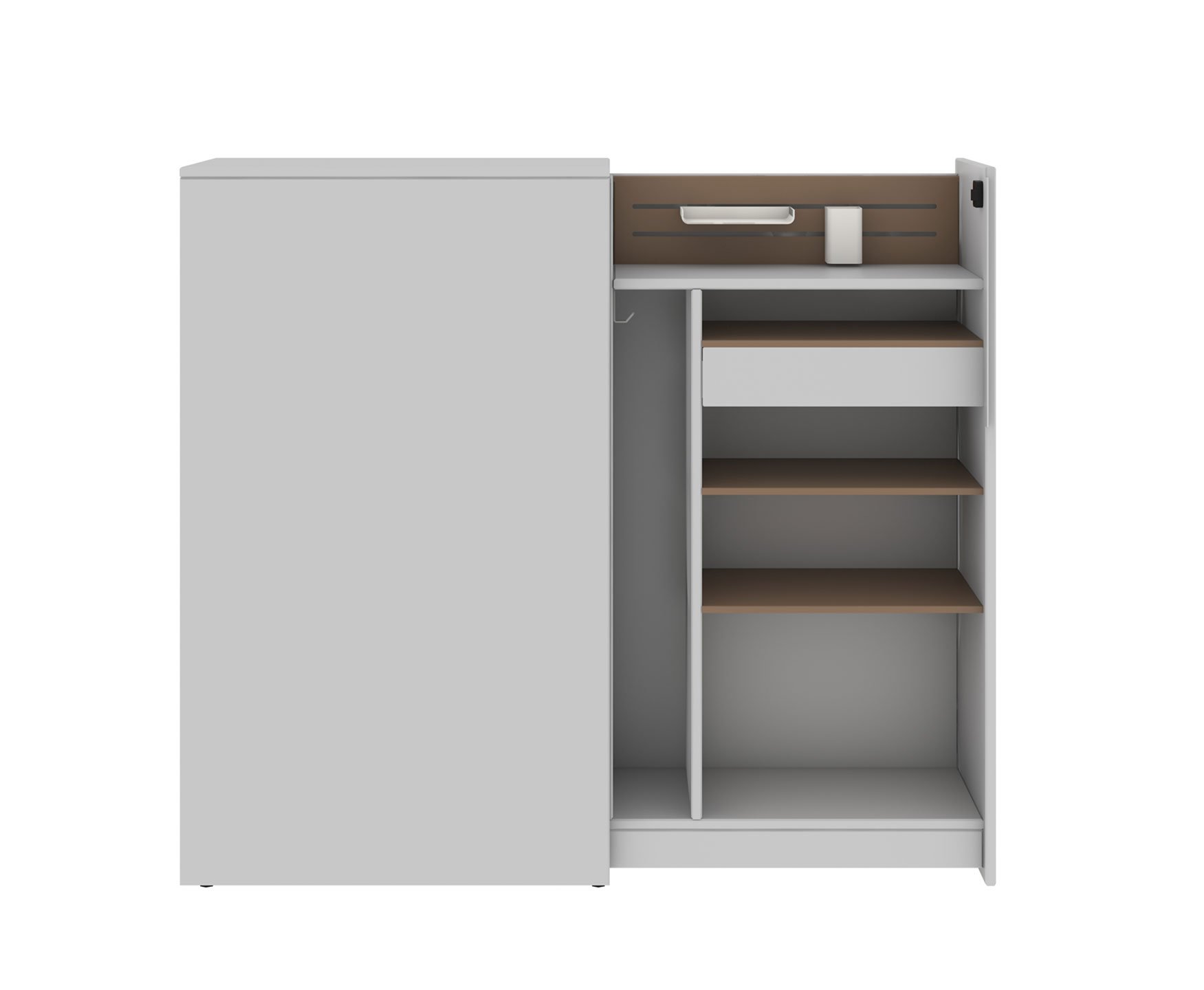Beside Storage Pantry in gray with wooden shelves and lock sliding door