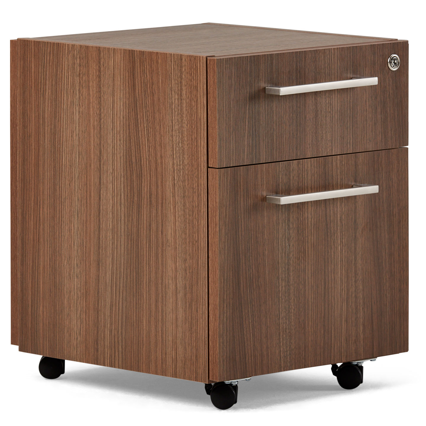 Compose pedestal in wood with Linear drawer pulls and lock drawer.  