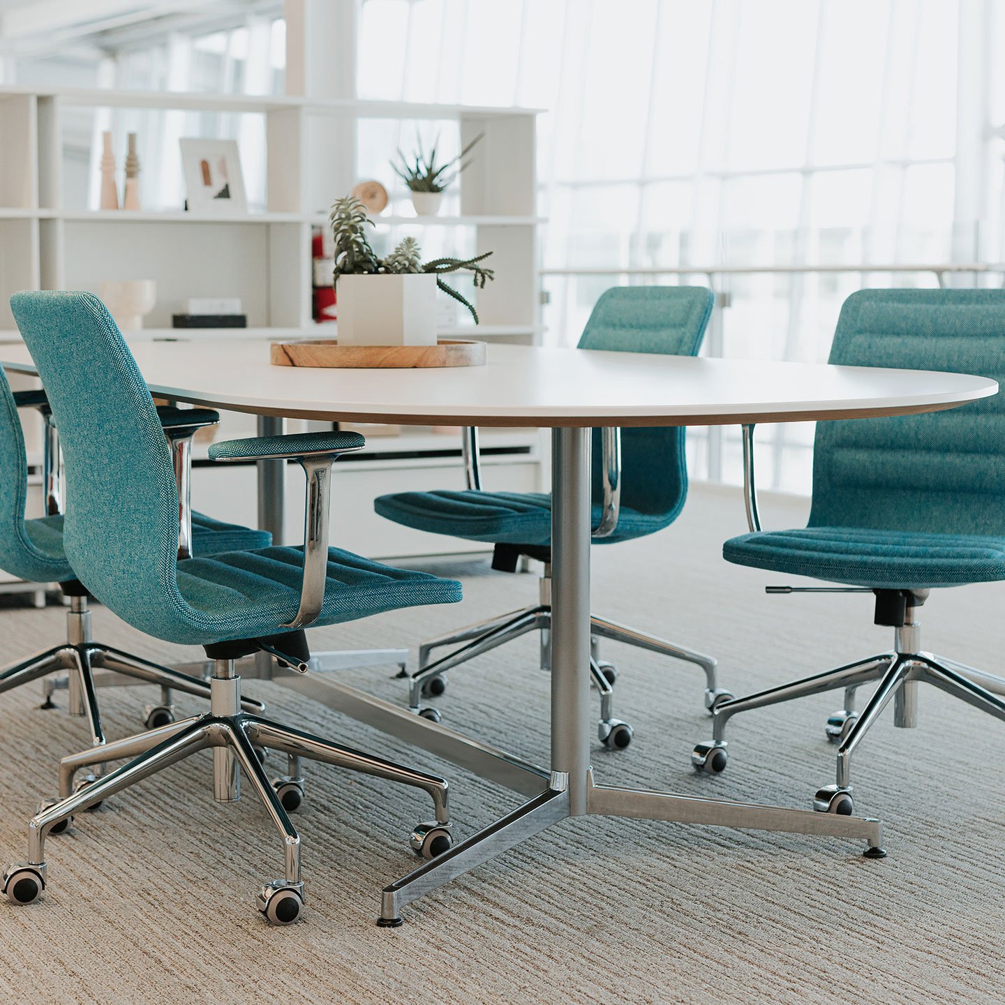 Haworth Jive Table with white top in an open office collaborative setting 