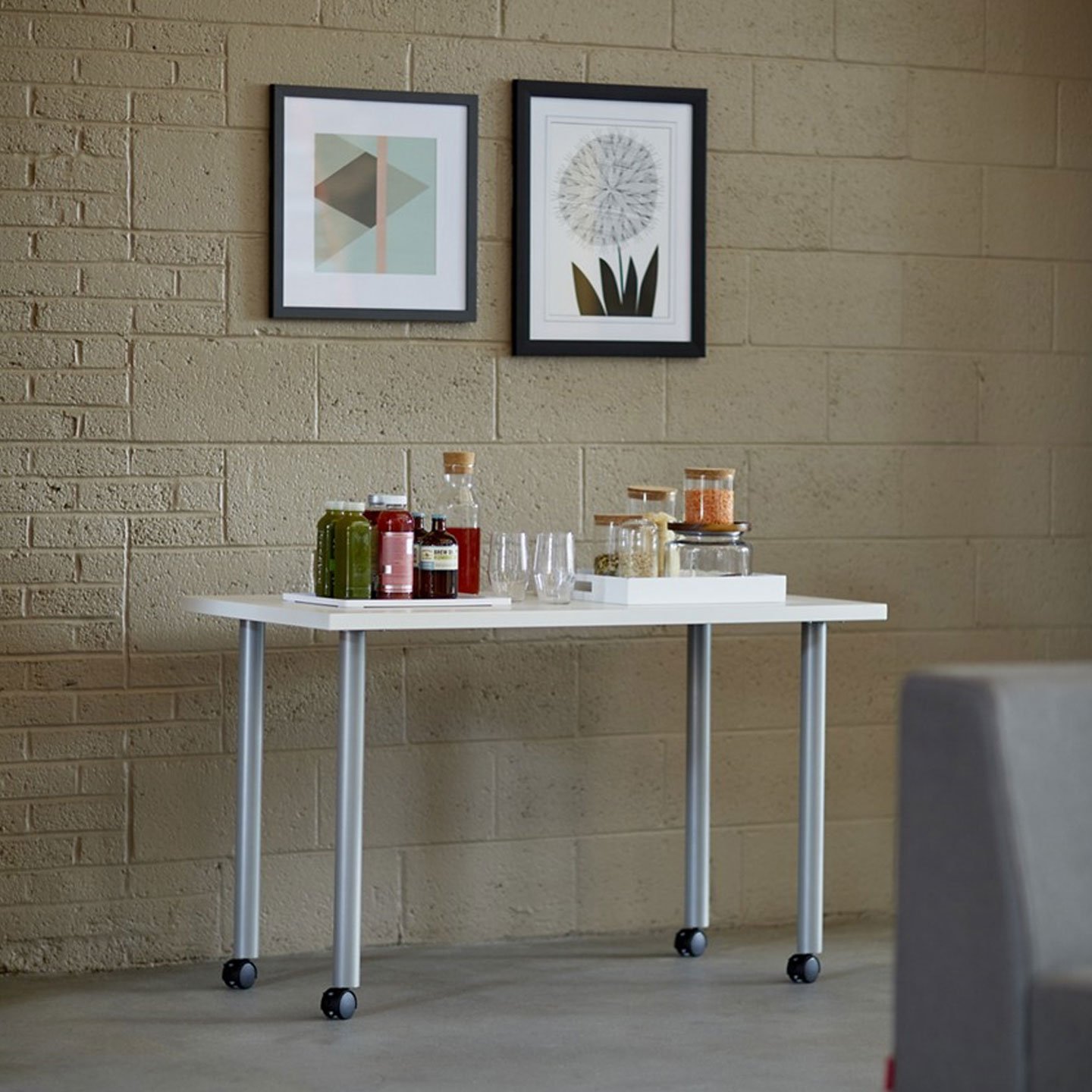Haworth Jive Table in a casual office area used as a beverage and food cart 