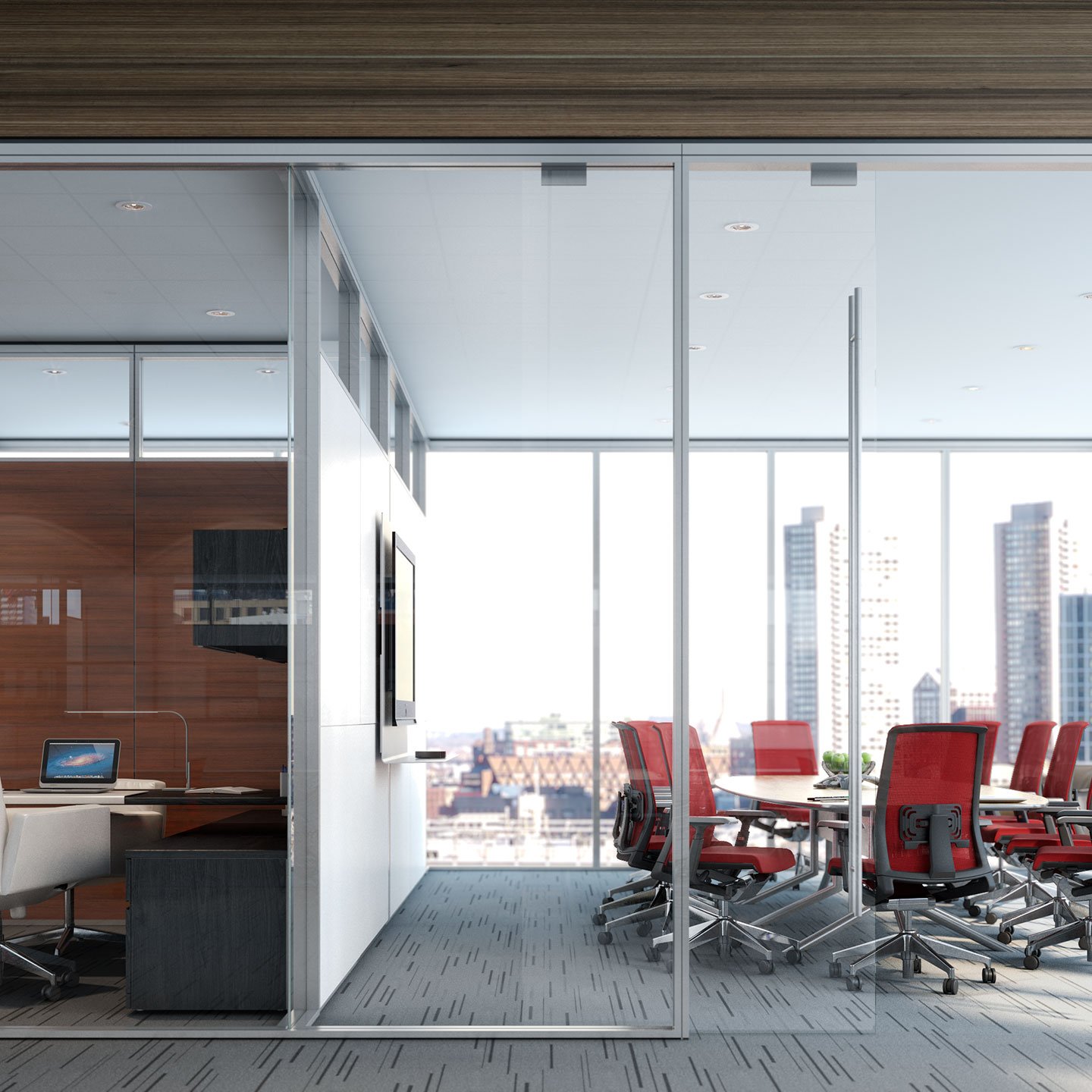 Haworth Enclose Frameless Glass Walls in office closed meeting room with white table and red chairs next to office with desk 