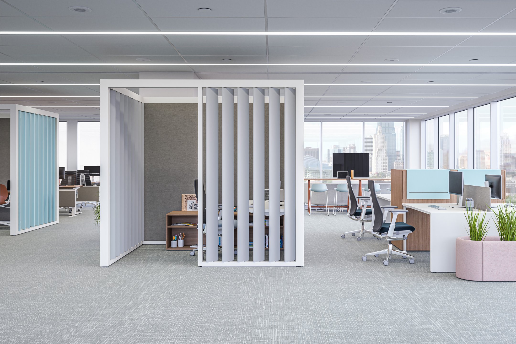 Haworth Pergola Workspace in white color for private office space in open office area with windows that look out into city